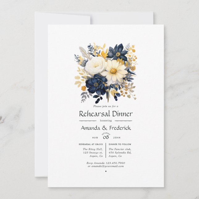Navy, White, and Gold Floral Rehearsal Dinner Invitation (Front)