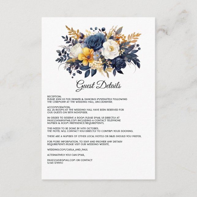 Navy, White and Gold Floral Wedding Guest Details Enclosure Card (Front)