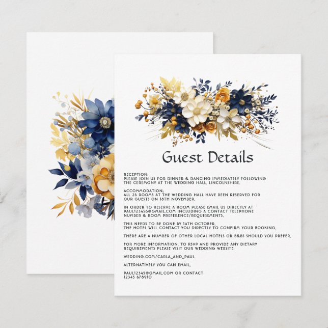 Navy, White, and Gold Floral Wedding Guest Details Enclosure Card (Front/Back)