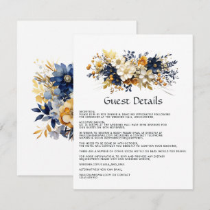 Navy, White, and Gold Floral Wedding Guest Details Enclosure Card