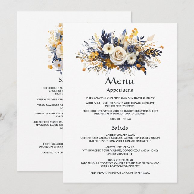 Navy, White, and Gold Floral Wedding Menu (Front/Back)