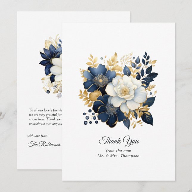 Navy, White and Gold Floral Wedding Thank You Card (Front/Back)