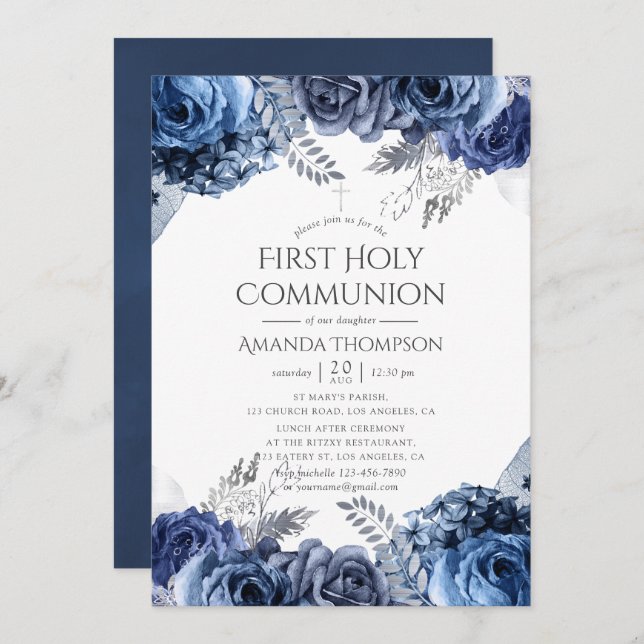 Navy, White and Silver Floral First Holy Communion Invitation (Front/Back)