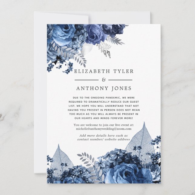 Navy, White and Silver Reduced Wedding Guest List Announcement (Front)