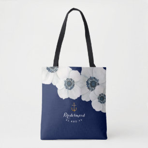 Navy & White Anemones Nautical Bridal Party Tote Bag