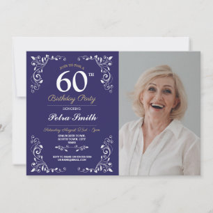 Navy White Birthday Womens Classy 60th Photo Invitation
