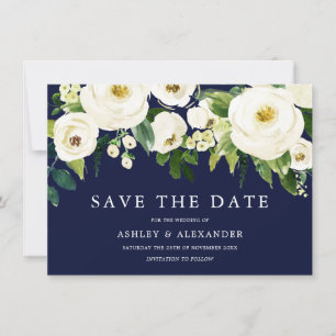 Navy & White Blooming Flowers Elegant All Seasons Save The Date