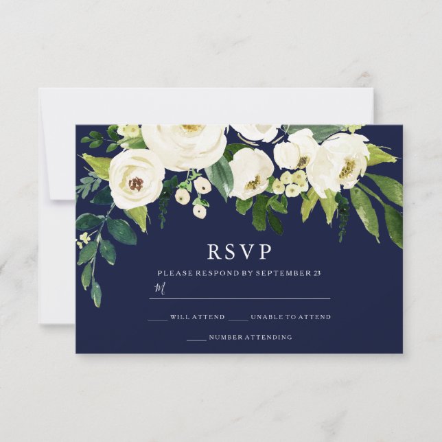 Navy & White Blooming Flowers Wedding Bridal RSVP Card (Front)