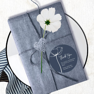 Navy White Bold Minimal Floral Wedding Thank You Classic Round Sticker
