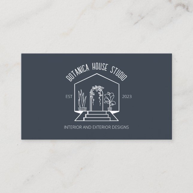 Navy White Botanic House Interior Designer Business Card (Front)