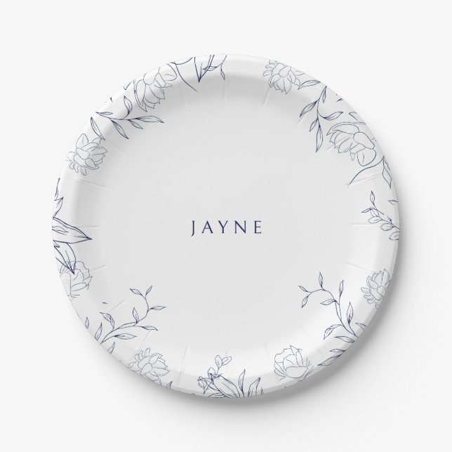 Navy & White Botanical Neutral Shower Paper Plate (Front)
