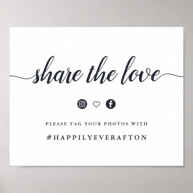 Navy & White Calligraphy Wedding Hashtag Sign (Front)