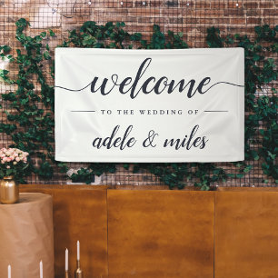 Navy & White Calligraphy Wedding Welcome Banner