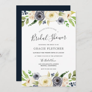 Navy & White Champagne Floral Bridal Shower Invitation