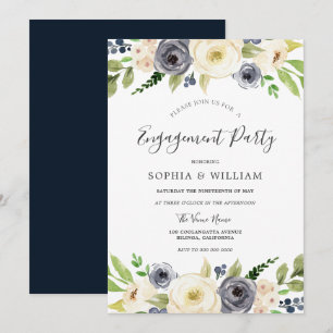 Navy & White Champagne Floral Engagement Party Invitation