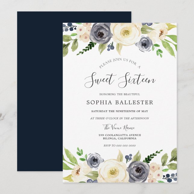 Navy & White Champagne Floral Sweet 16 Party Invitation (Front/Back)