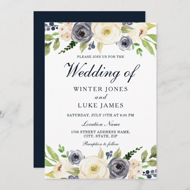 Navy & White Champagne Watercolor Floral Wedding Invitation (Front/Back)