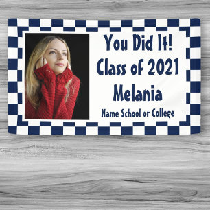 Navy White Chequerboard Photo Graduation Banner