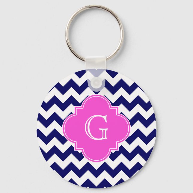 Navy White Chevron Hot Pink Quatrefoil Monogram Key Ring (Front)