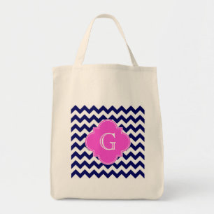 Navy White Chevron Hot Pink Quatrefoil Monogram Tote Bag