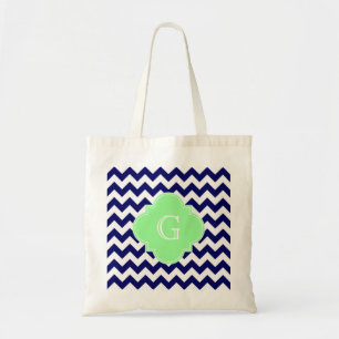Navy White Chevron Mint Green Quatrefoil Monogram Tote Bag