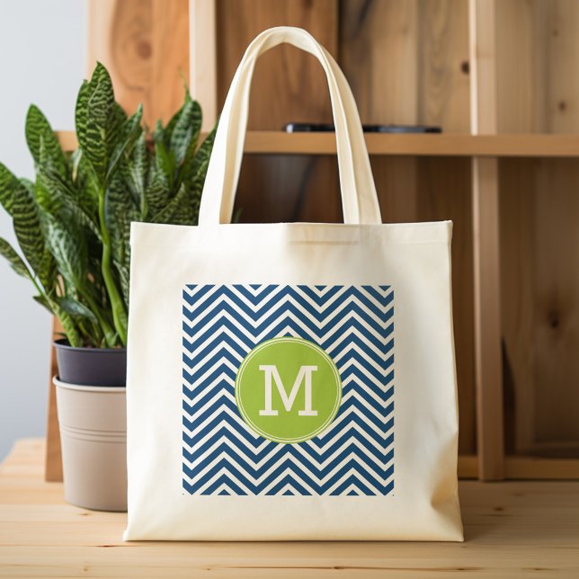 Navy White Chevron Pattern with Green Monogram Tote Bag (Personalized tote bag with  monogram)