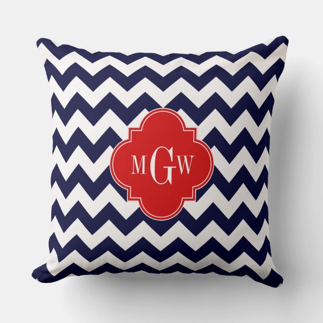 Navy White Chevron Red Quatrefoil 3 Monogram Cushion (Front)