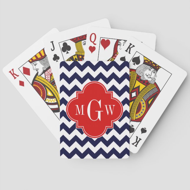 Navy White Chevron Red Quatrefoil 3 Monogram Playing Cards (Back)