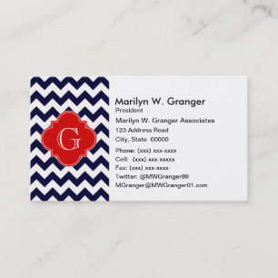 Navy White Chevron Red Quatrefoil Monogram Business Card