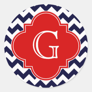 Navy White Chevron Red Quatrefoil Monogram Classic Round Sticker