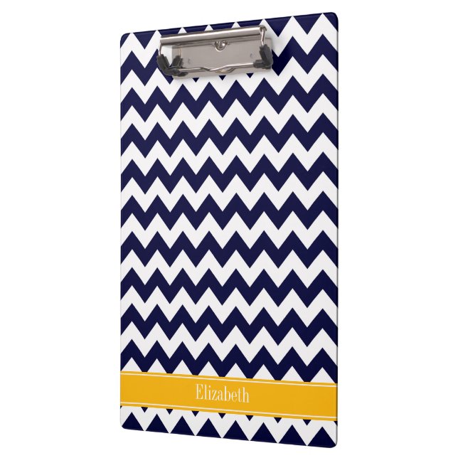 Navy White Chevron ZigZag Goldenrod Name Monogram Clipboard (Left)