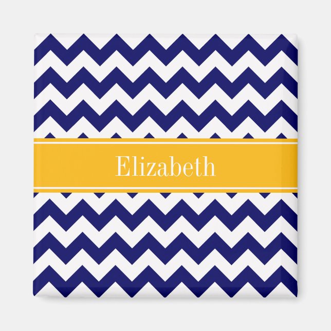 Navy White Chevron ZigZag Goldenrod Name Monogram Magnet (Front)