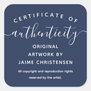 Navy White Chic Script Certificate of Authenticity Square Sticker