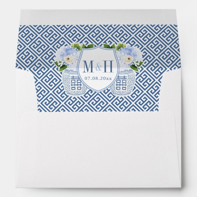 Navy White Chinoiserie Monogram Return Address Envelope (Back (Bottom))