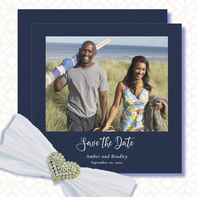 Navy White Classic Photo QR Code Save the Date  Invitation (Creator Uploaded)