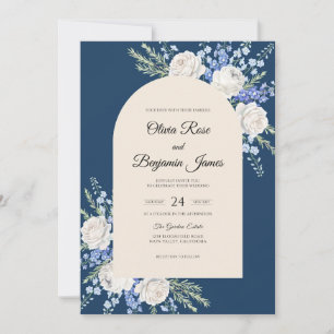 Navy White Cornflower Eucalyptus Wedding Invitation