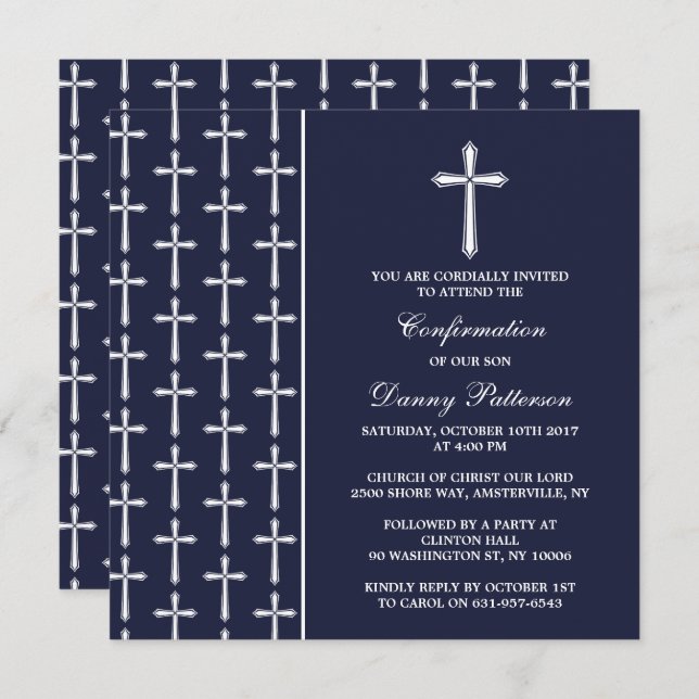 Navy & White Cross Holy Communion Or Confirmation Invitation (Front/Back)