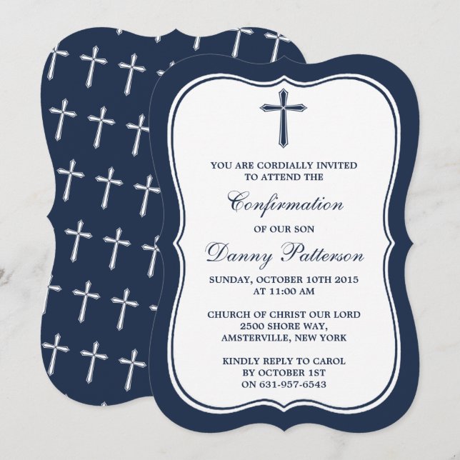 Navy & White Cross Holy Communion Or Confirmation Invitation (Front/Back)