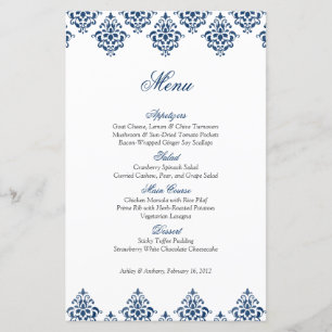 Navy White Damask Arabesque Wedding Menu Card