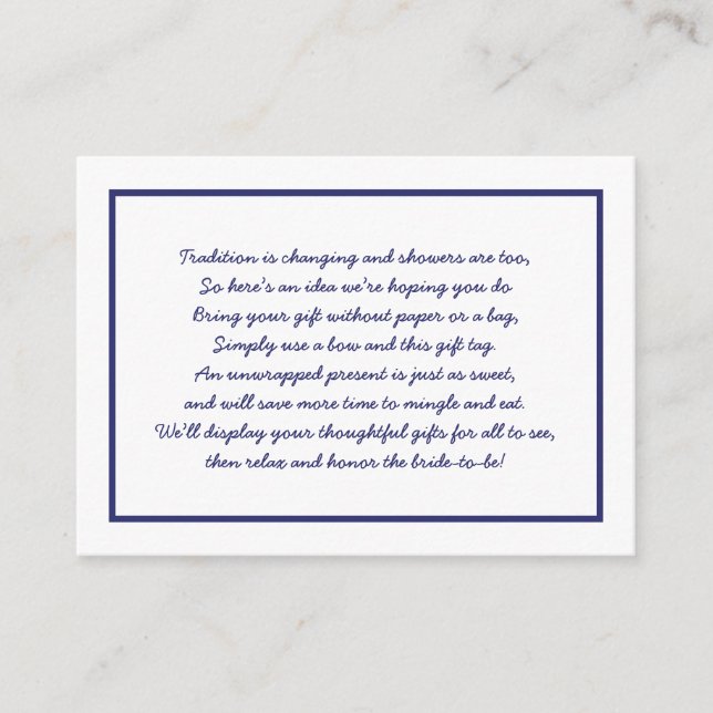 Navy White Display bridal shower insert card + tag (Front)