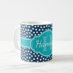 Navy White Dotted Pattern Teal Monogram Coffee Mug