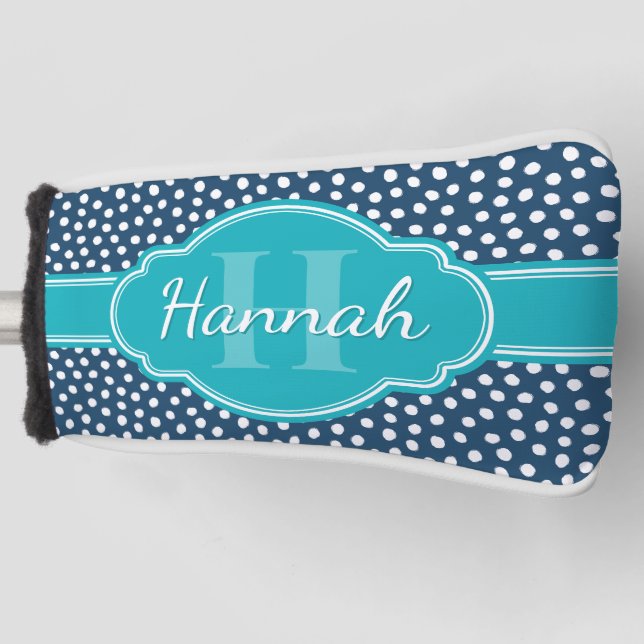 Navy White Dotted Pattern Teal Monogram Golf Head Cover (Front)
