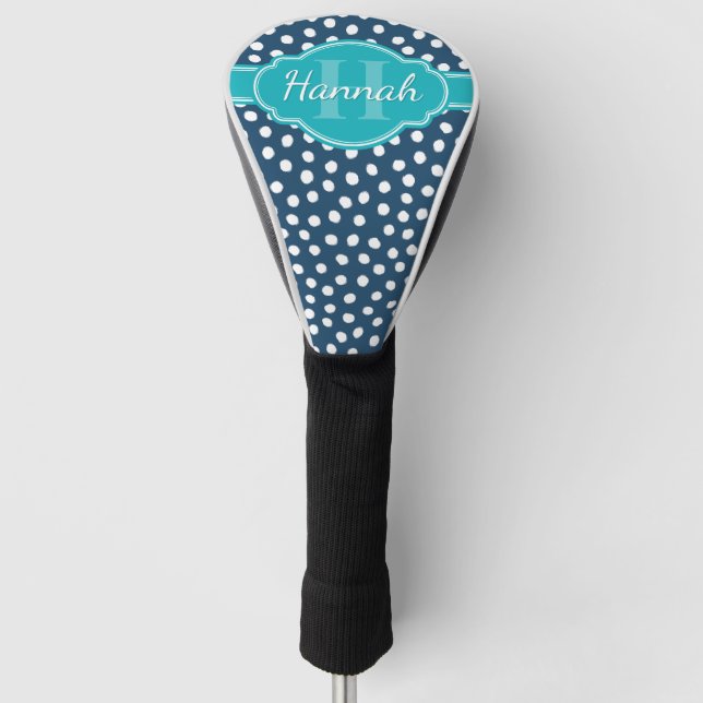 Navy White Dotted Pattern Teal Monogram Golf Head Cover (Front)