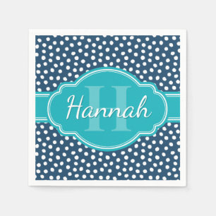 Navy White Dotted Pattern Teal Monogram Napkin