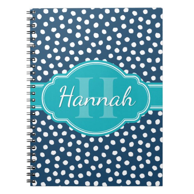 Navy White Dotted Pattern Teal Monogram Notebook (Front)