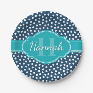 Navy White Dotted Pattern Teal Monogram Paper Plate