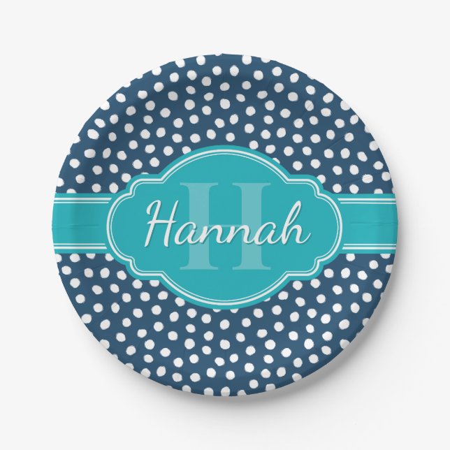 Navy White Dotted Pattern Teal Monogram Paper Plate (Front)