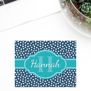 Navy White Dotted Pattern Teal Monogram Postcard