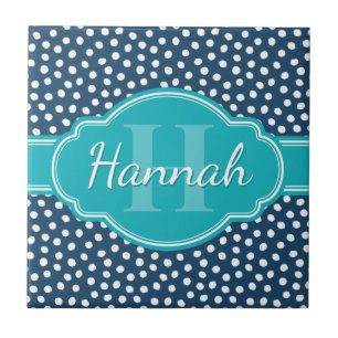 Navy White Dotted Pattern Teal Monogram Tile