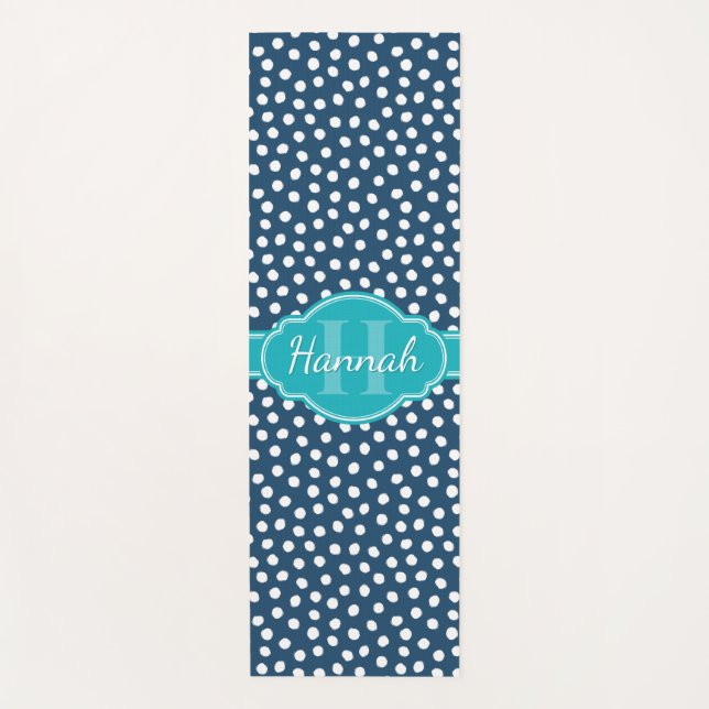 Navy White Dotted Pattern Teal Monogram Yoga Mat (Front)